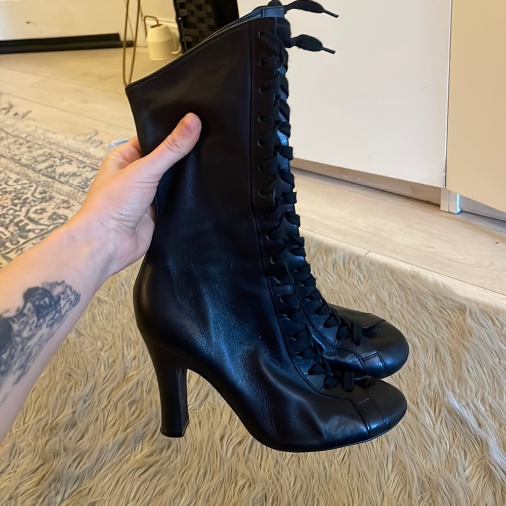 Rochas Victorian Style Lace High Heel Leather Boots
